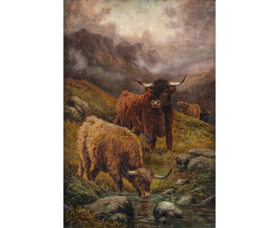 R. Watson (British, fine XIX sec.) - Mandria di Highlanders al pascolo.