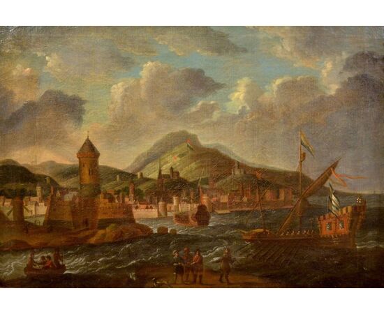 Coppia di dipinti con vedute costiere di fantasia - Cerchia di Peter Van de Velde il vecchio (Anversa 1634 -1714)