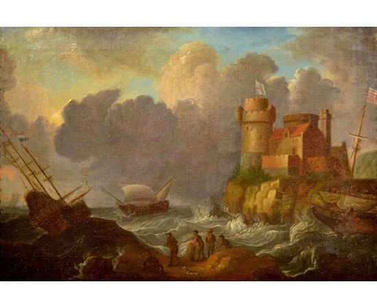 Coppia di dipinti con vedute costiere di fantasia - Cerchia di Peter Van de Velde il vecchio (Anversa 1634 -1714)