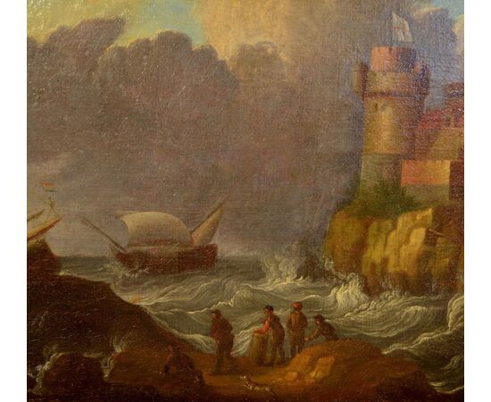 Coppia di dipinti con vedute costiere di fantasia - Cerchia di Peter Van de Velde il vecchio (Anversa 1634 -1714)