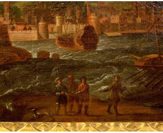 Coppia di dipinti con vedute costiere di fantasia - Cerchia di Peter Van de Velde il vecchio (Anversa 1634 -1714)