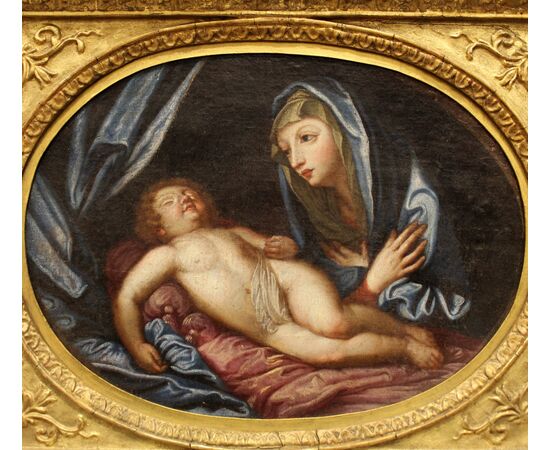 Antico dipinto ad olio su tela con cornice dorata - Madonnna in adorazione del Bambino dormiente - Italia epoca '700 