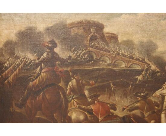 Coppia di oli su tela italiani del 1600 raffiguranti Battaglia