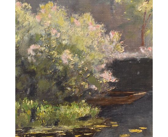 QUADRI ANTICHI, PAESAGGIO CON FIUME, NINFEE E FIORI DI LOTO, OLIO SU TELA, PRIMI DEL NOVECENTO. (QP642)