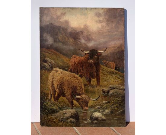 R. Watson (British, fine XIX sec.) - Mandria di Highlanders al pascolo.