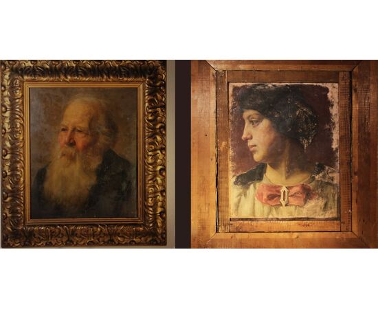 Doppio ritratto recto e verso, olio su tela XIX sec. firmato Minozzi