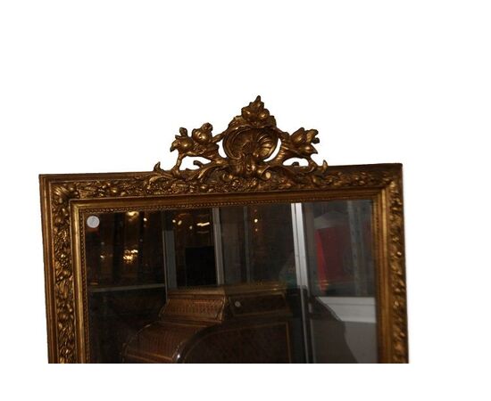 Grande specchiera francese dorata foglia oro del 1800 stile Luigi XVI con cimasa 