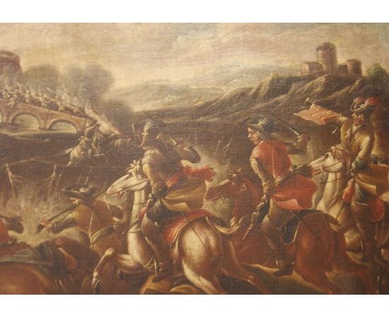 Coppia di oli su tela italiani del 1600 raffiguranti Battaglia