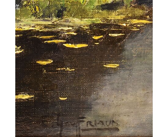 QUADRI ANTICHI, PAESAGGIO CON FIUME, NINFEE E FIORI DI LOTO, OLIO SU TELA, PRIMI DEL NOVECENTO. (QP642)