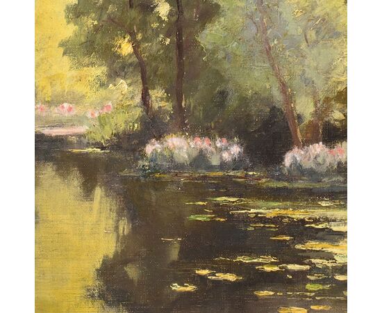 QUADRI ANTICHI, PAESAGGIO CON FIUME, NINFEE E FIORI DI LOTO, OLIO SU TELA, PRIMI DEL NOVECENTO. (QP642)