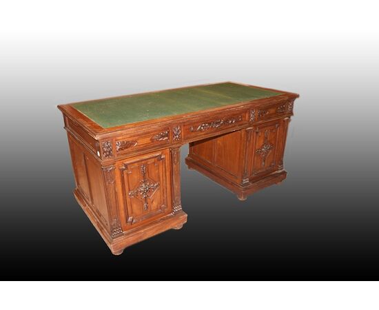 Scrivania ministeriale francese del 1800 in legno di mogano con cassetti