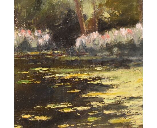 QUADRI ANTICHI, PAESAGGIO CON FIUME, NINFEE E FIORI DI LOTO, OLIO SU TELA, PRIMI DEL NOVECENTO. (QP642)