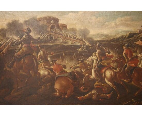 Coppia di oli su tela italiani del 1600 raffiguranti Battaglia