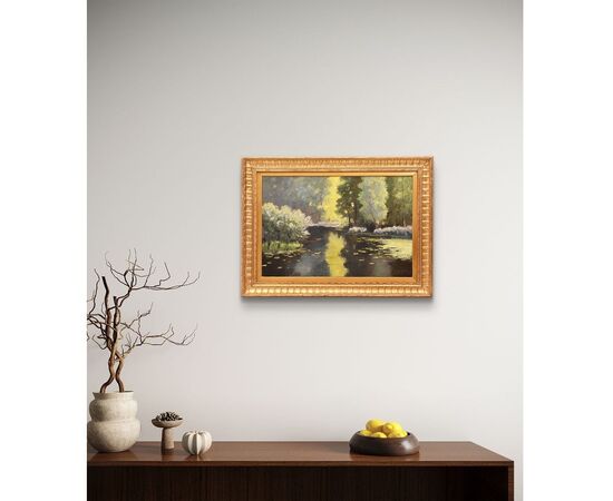QUADRI ANTICHI, PAESAGGIO CON FIUME, NINFEE E FIORI DI LOTO, OLIO SU TELA, PRIMI DEL NOVECENTO. (QP642)