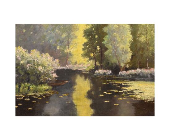 QUADRI ANTICHI, PAESAGGIO CON FIUME, NINFEE E FIORI DI LOTO, OLIO SU TELA, PRIMI DEL NOVECENTO. (QP642)