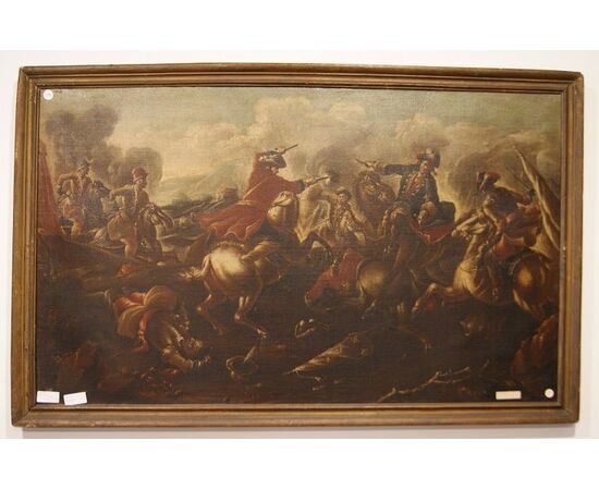 Coppia di oli su tela italiani del 1600 raffiguranti Battaglia