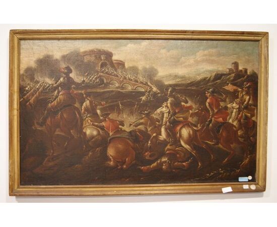 Coppia di oli su tela italiani del 1600 raffiguranti Battaglia