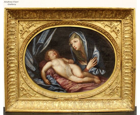 Antico dipinto ad olio su tela con cornice dorata - Madonnna in adorazione del Bambino dormiente - Italia epoca '700 