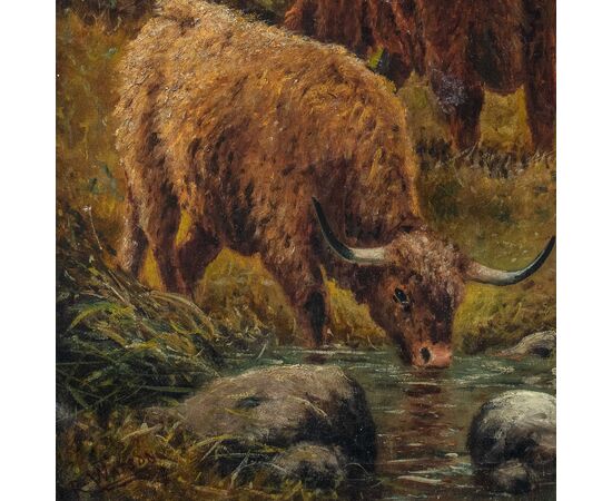 R. Watson (British, fine XIX sec.) - Mandria di Highlanders al pascolo.