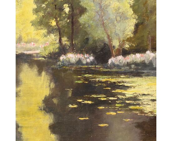 QUADRI ANTICHI, PAESAGGIO CON FIUME, NINFEE E FIORI DI LOTO, OLIO SU TELA, PRIMI DEL NOVECENTO. (QP642)