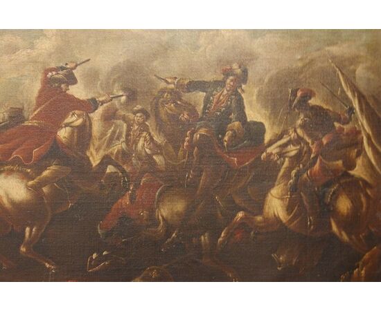 Coppia di oli su tela italiani del 1600 raffiguranti Battaglia