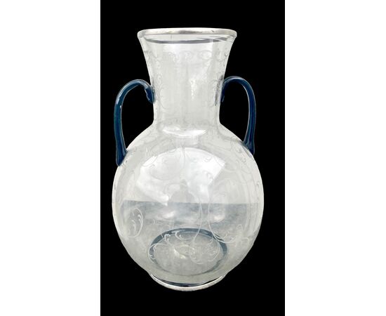 Vaso globulare in vetro trasparente  con molature rocaille e dettagli in argento .S.A.L.I.R.Murano.