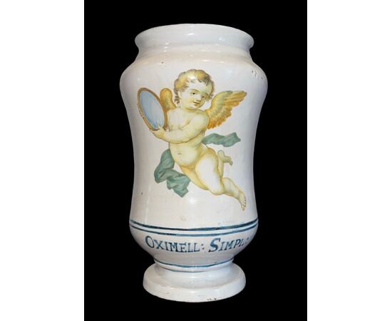Coppia di albarelli in maiolica decorati con angeli.Gesualdo Fuina.Castelli d’Abruzzo.