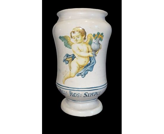Coppia di albarelli in maiolica decorati con angeli.Gesualdo Fuina.Castelli d’Abruzzo.