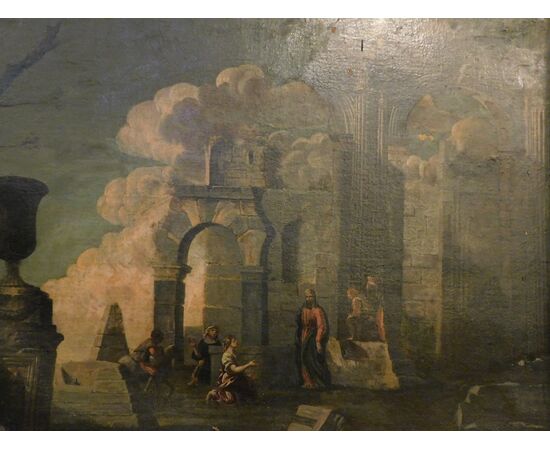 PAN324 - Coppia di dipinti con rovine, epoca '6/'700, misure cm L 164 x H 141 x P 5