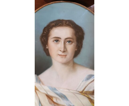 DIPINTO PASTELLO OVALE CON GIOVANE DONNA META’ XIX SECOLO 