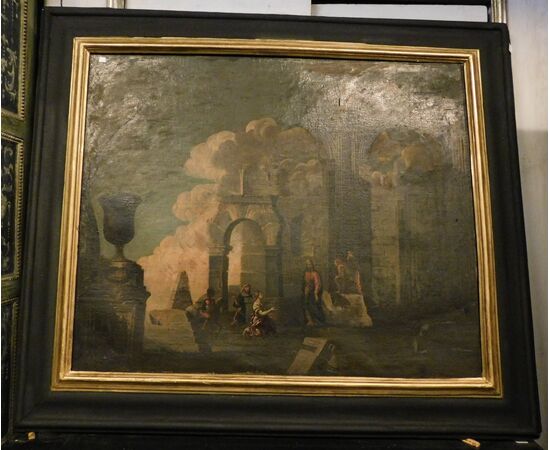 PAN324 - Coppia di dipinti con rovine, epoca '6/'700, misure cm L 164 x H 141 x P 5
