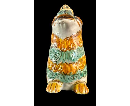 Fiasca scalda-mani in maiolica a forma di cane ( o leone).Ariano Irpino.