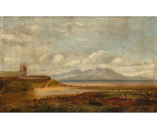 Pittore inglese (fine XIX sec.) - Paesaggio romantico pescatore al lago. 
