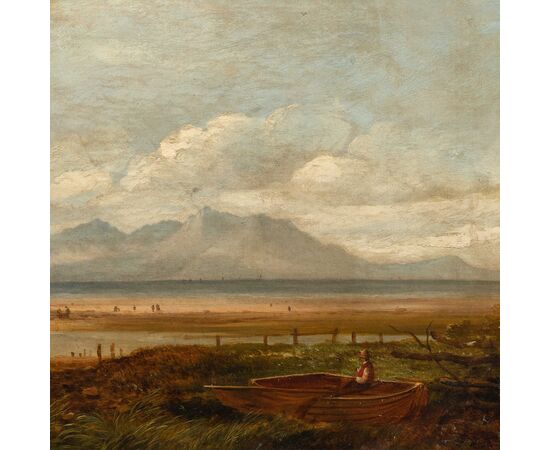 Pittore inglese (fine XIX sec.) - Paesaggio romantico pescatore al lago. 