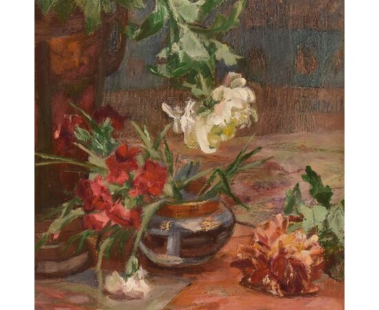 QUADRI ANTICHI, ART DECO, NATURA MORTA CON FIORI DI CRISANTEMI, OLIO SU TELA, XX SECOLO. (QF653)