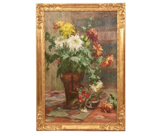 QUADRI ANTICHI, ART DECO, NATURA MORTA CON FIORI DI CRISANTEMI, OLIO SU TELA, XX SECOLO. (QF653)