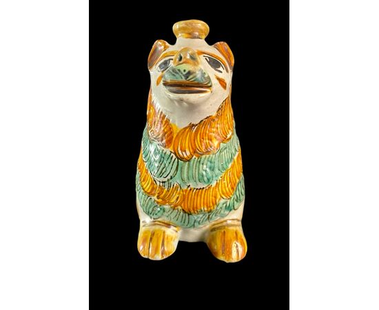 Fiasca scalda-mani in maiolica a forma di cane ( o leone).Ariano Irpino.