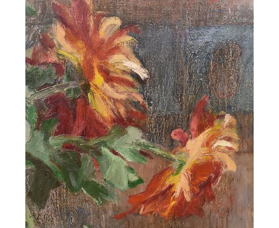 QUADRI ANTICHI, ART DECO, NATURA MORTA CON FIORI DI CRISANTEMI, OLIO SU TELA, XX SECOLO. (QF653)
