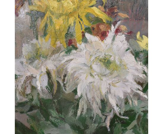 QUADRI ANTICHI, ART DECO, NATURA MORTA CON FIORI DI CRISANTEMI, OLIO SU TELA, XX SECOLO. (QF653)