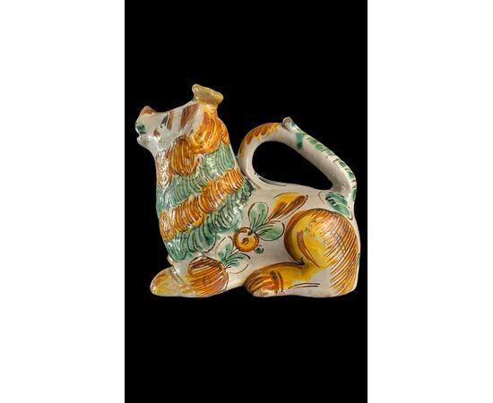 Fiasca scalda-mani in maiolica a forma di cane ( o leone).Ariano Irpino.