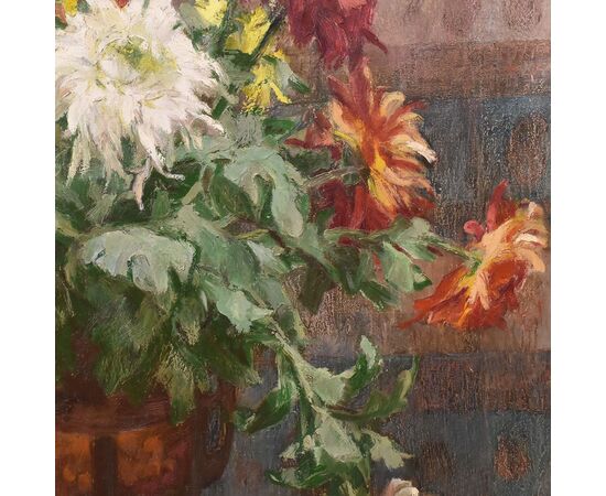 QUADRI ANTICHI, ART DECO, NATURA MORTA CON FIORI DI CRISANTEMI, OLIO SU TELA, XX SECOLO. (QF653)