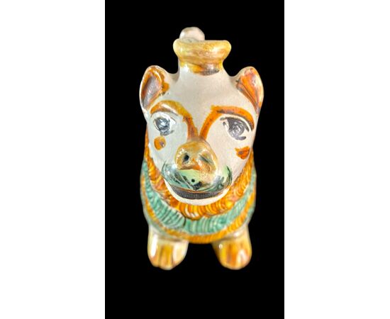 Fiasca scalda-mani in maiolica a forma di cane ( o leone).Ariano Irpino.