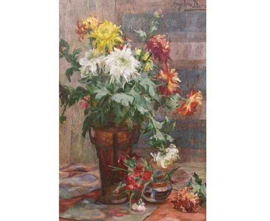 QUADRI ANTICHI, ART DECO, NATURA MORTA CON FIORI DI CRISANTEMI, OLIO SU TELA, XX SECOLO. (QF653)