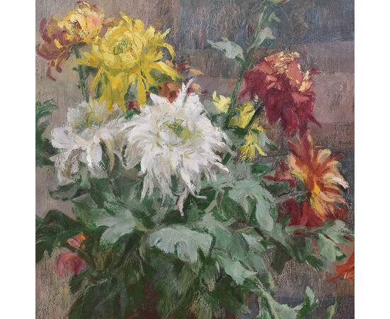 QUADRI ANTICHI, ART DECO, NATURA MORTA CON FIORI DI CRISANTEMI, OLIO SU TELA, XX SECOLO. (QF653)