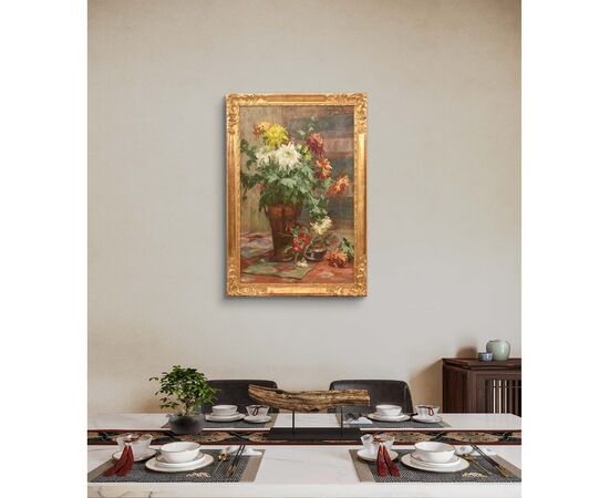 QUADRI ANTICHI, ART DECO, NATURA MORTA CON FIORI DI CRISANTEMI, OLIO SU TELA, XX SECOLO. (QF653)