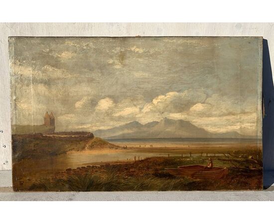 Pittore inglese (fine XIX sec.) - Paesaggio romantico pescatore al lago. 