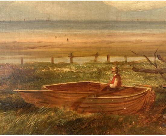 Pittore inglese (fine XIX sec.) - Paesaggio romantico pescatore al lago. 