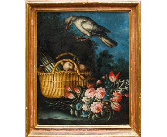Angelo Zani, noto anche come “Monogrammista A.V.” (Attivo nella prima metà del XVIII secolo, Pisa), Nature morte di fiori con anguria e volatili