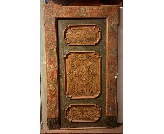 PTL447 - Porta laccata e dipinta, con telaio finto marmo, epoca '700, misure luce cm L 93 x H 216