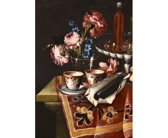 Giacomo Nani (Porto Ercole 1698 - Napoli 1770), Natura morta con fiori, alzata con cristalli e liquori..